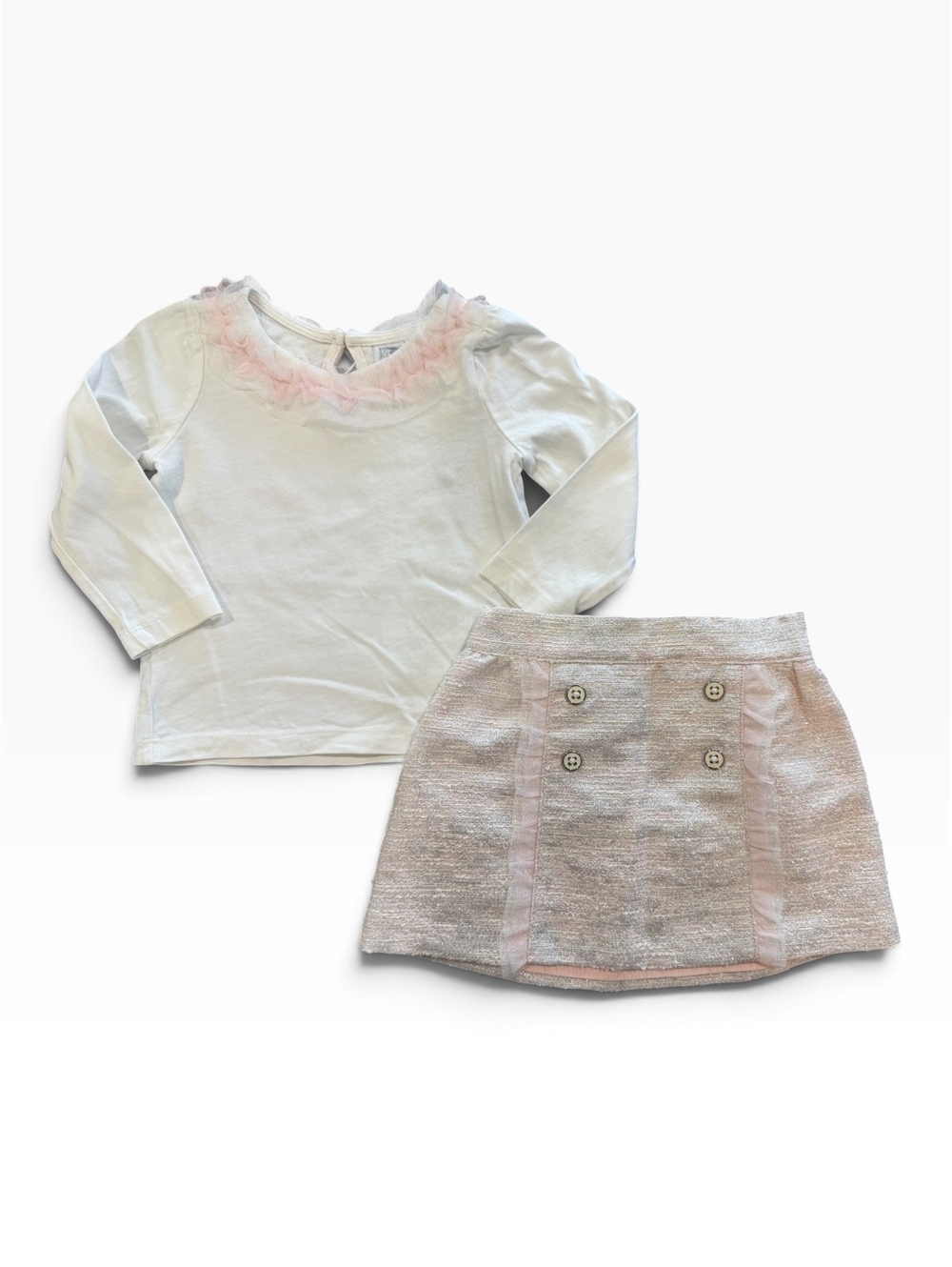 Janie and Jack Baby Girl 12-18 Months White Long Sleeve Top and Metallic Pink Sk